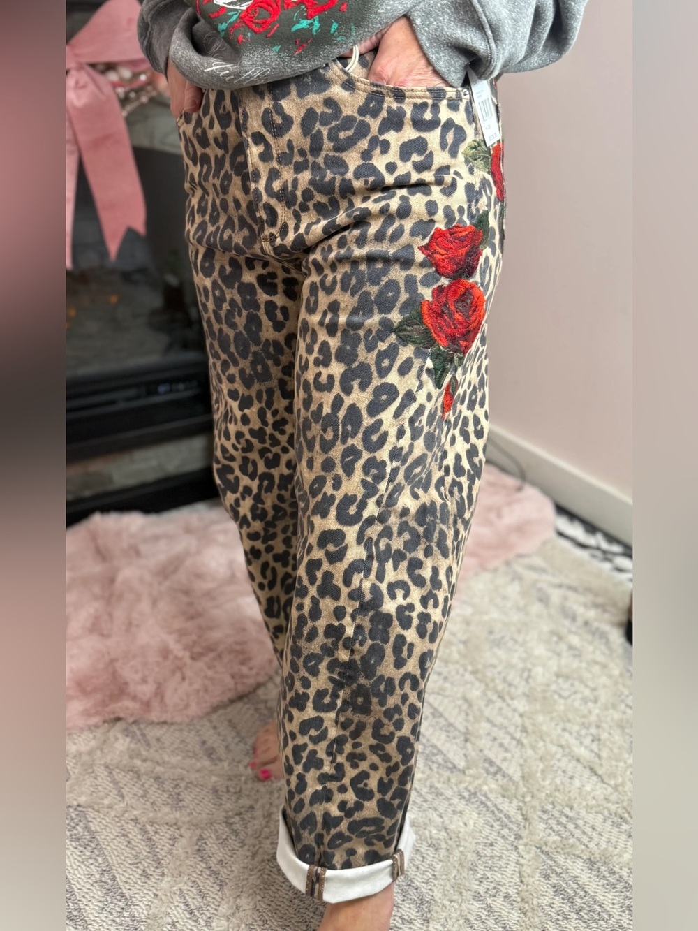 DRIFTWOOD Leopard Print Straight Leg Jeans with Red Rose Embroidery